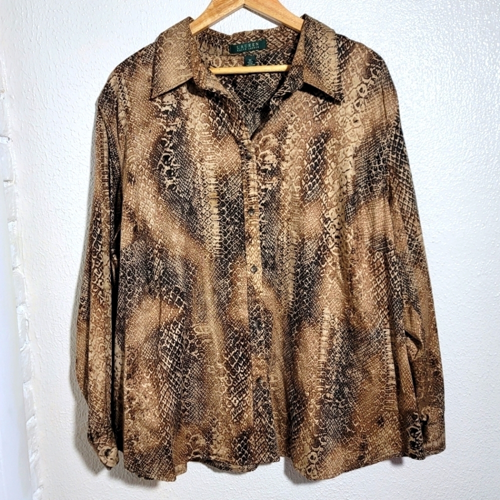 Lauren Ralph Lauren 100% Cotton Snake Print Button Down Blouse sz 3X Brown